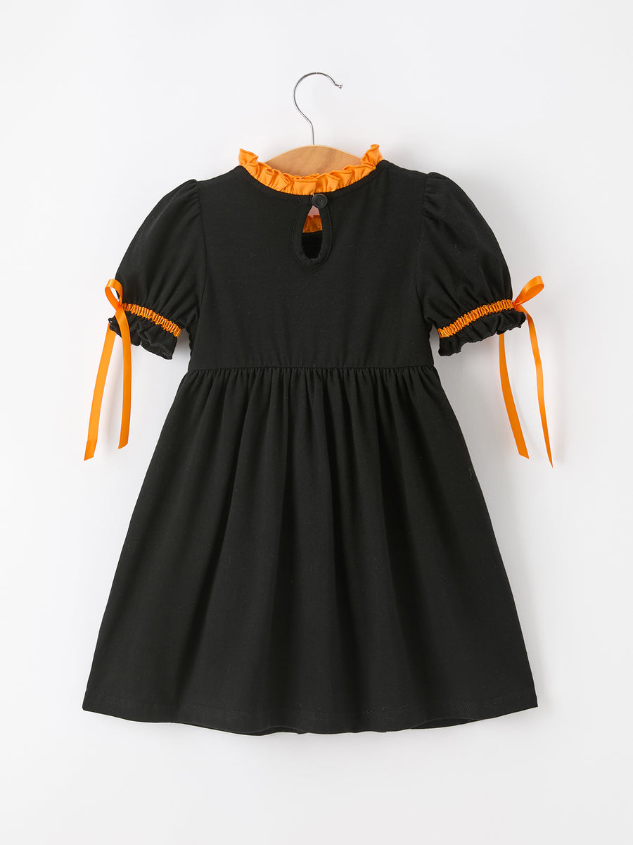 Girls Halloween Dog Pumpkin Embroidered Dress Puff Sleeve