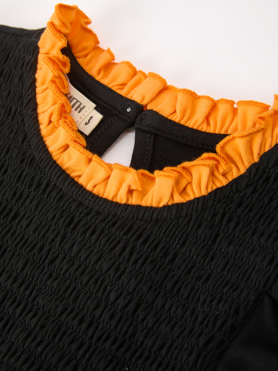Girls Halloween Dog Pumpkin Embroidered Dress Puff Sleeve