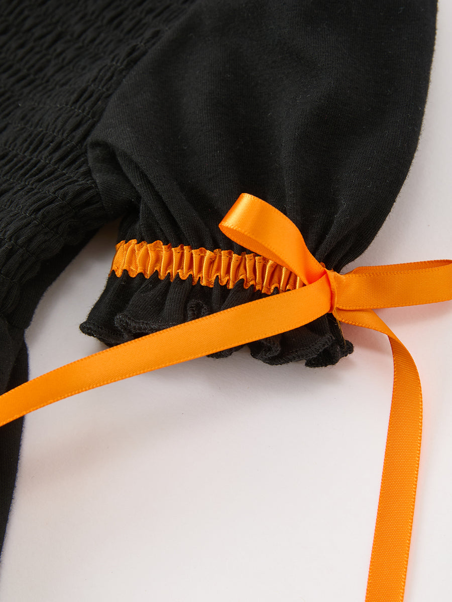 Girls Halloween Dog Pumpkin Embroidered Dress Puff Sleeve