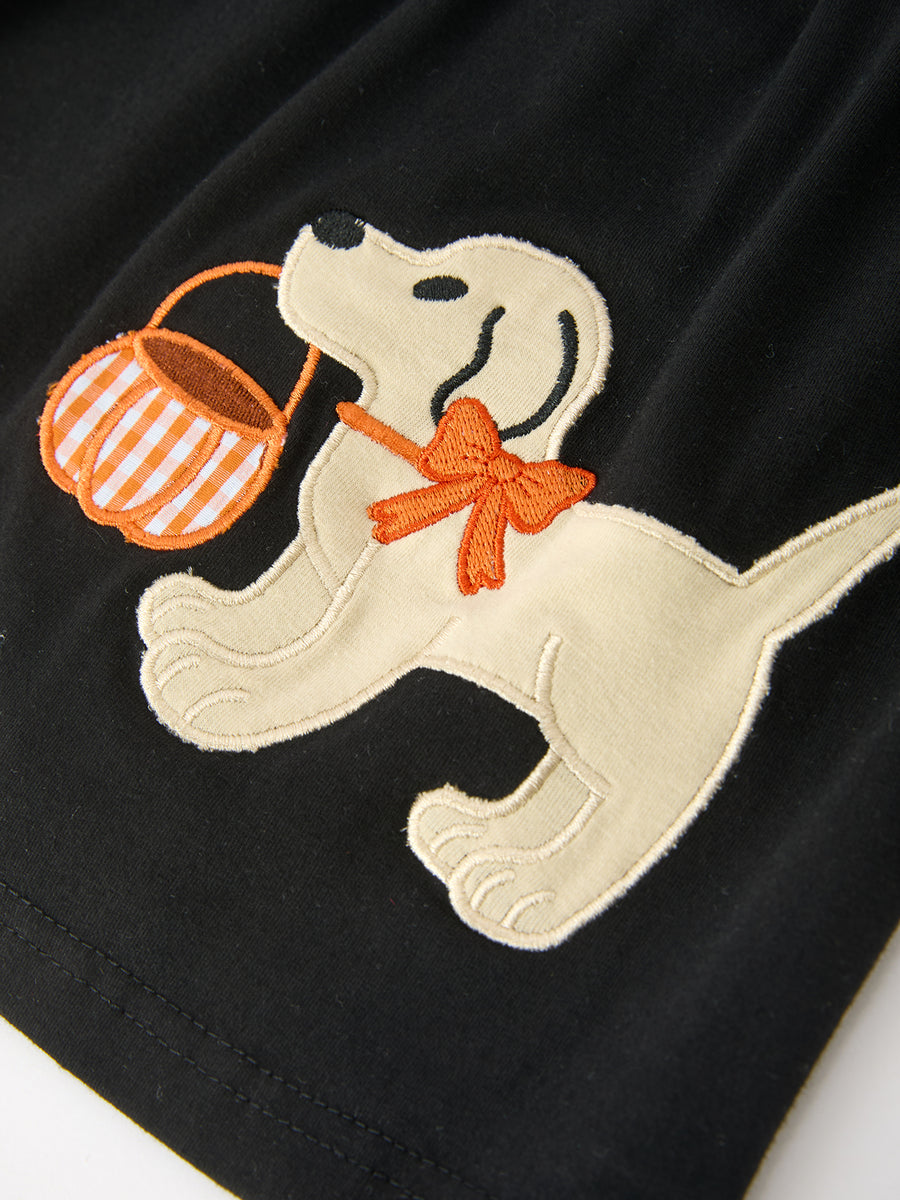 Girls Halloween Dog Pumpkin Embroidered Dress Puff Sleeve