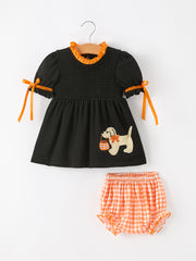 Girls Halloween Dog Pumpkin Black Bloomers Set