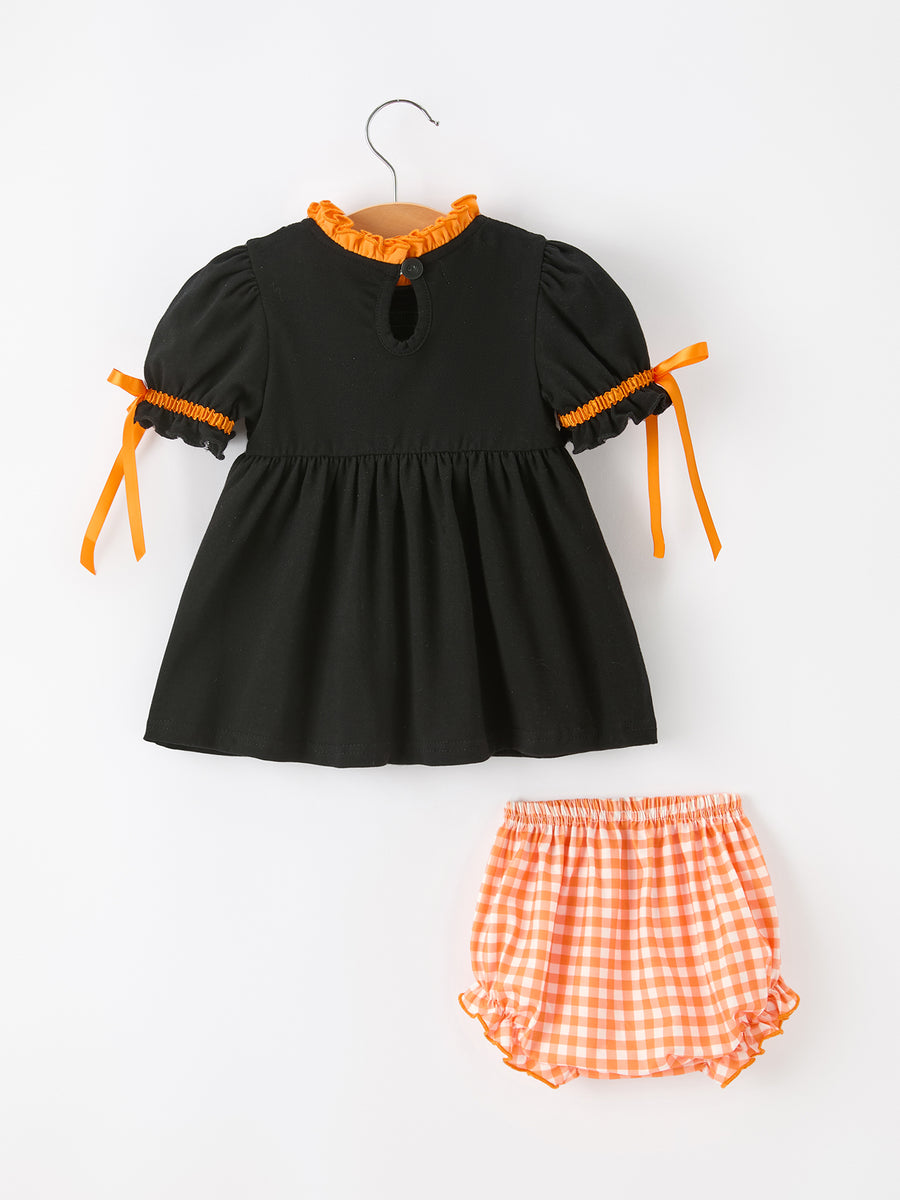 Girls Halloween Dog Pumpkin Black Bloomers Set