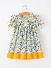 Floral Girls Dress Peter Pan Collar Yellow Trim Puff Sleeve Dress