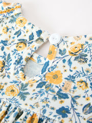 Floral Girls Dress Peter Pan Collar Yellow Trim Puff Sleeve Dress
