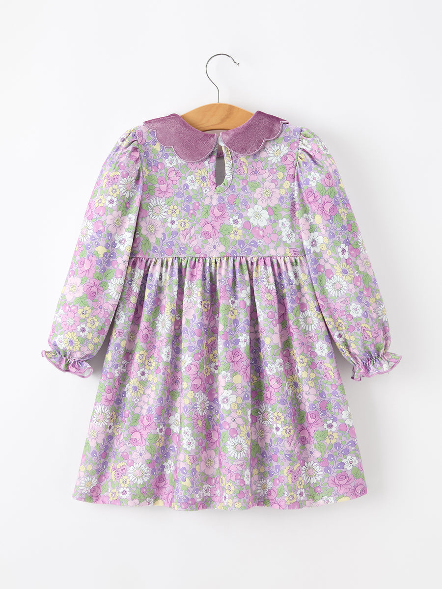 Purple Floral Girls Dress Velvet Collar Bow Long Sleeve Dress