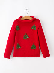 Baby Girl Christmas Red Knit Sweater with Embroidered Tree Appliqué