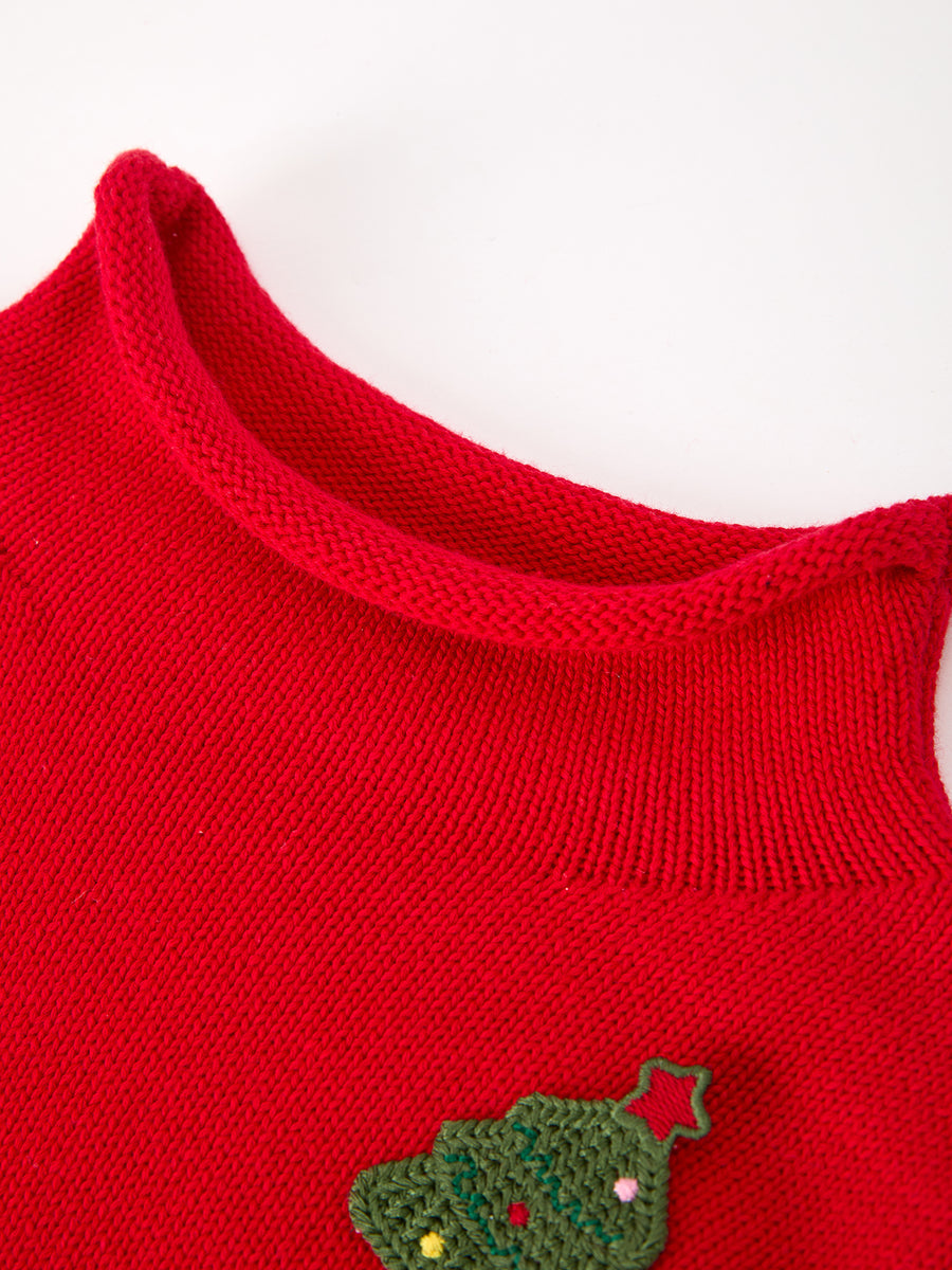 Baby Girl Christmas Red Knit Sweater with Embroidered Tree Appliqué