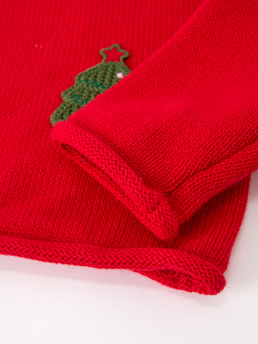 Baby Girl Christmas Red Knit Sweater with Embroidered Tree Appliqué