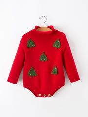 Baby Girls Christmas Red Knit Tree Appliqué Romper