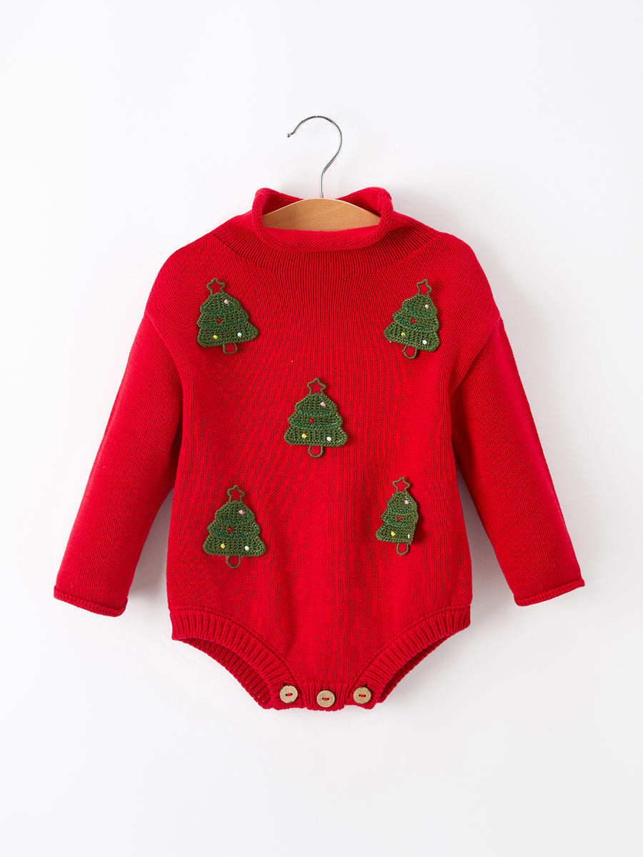 Baby Girls Christmas Red Knit Tree Appliqué Romper