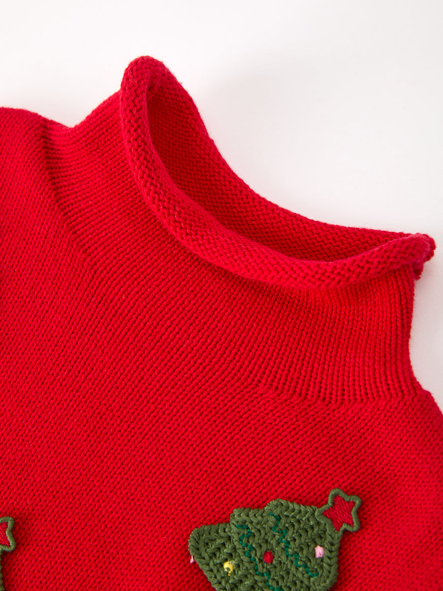 Baby Girls Christmas Red Knit Tree Appliqué Romper