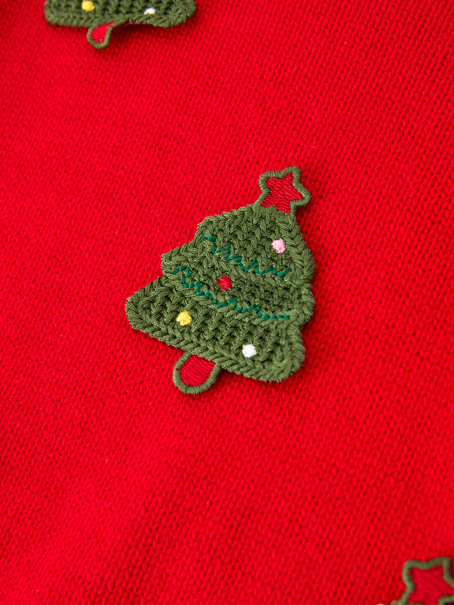 Baby Girls Christmas Red Knit Tree Appliqué Romper
