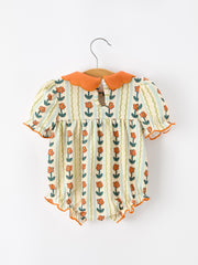 Fall Floral Stripe Baby Romper Petals Collar Smocked Puff Sleeve