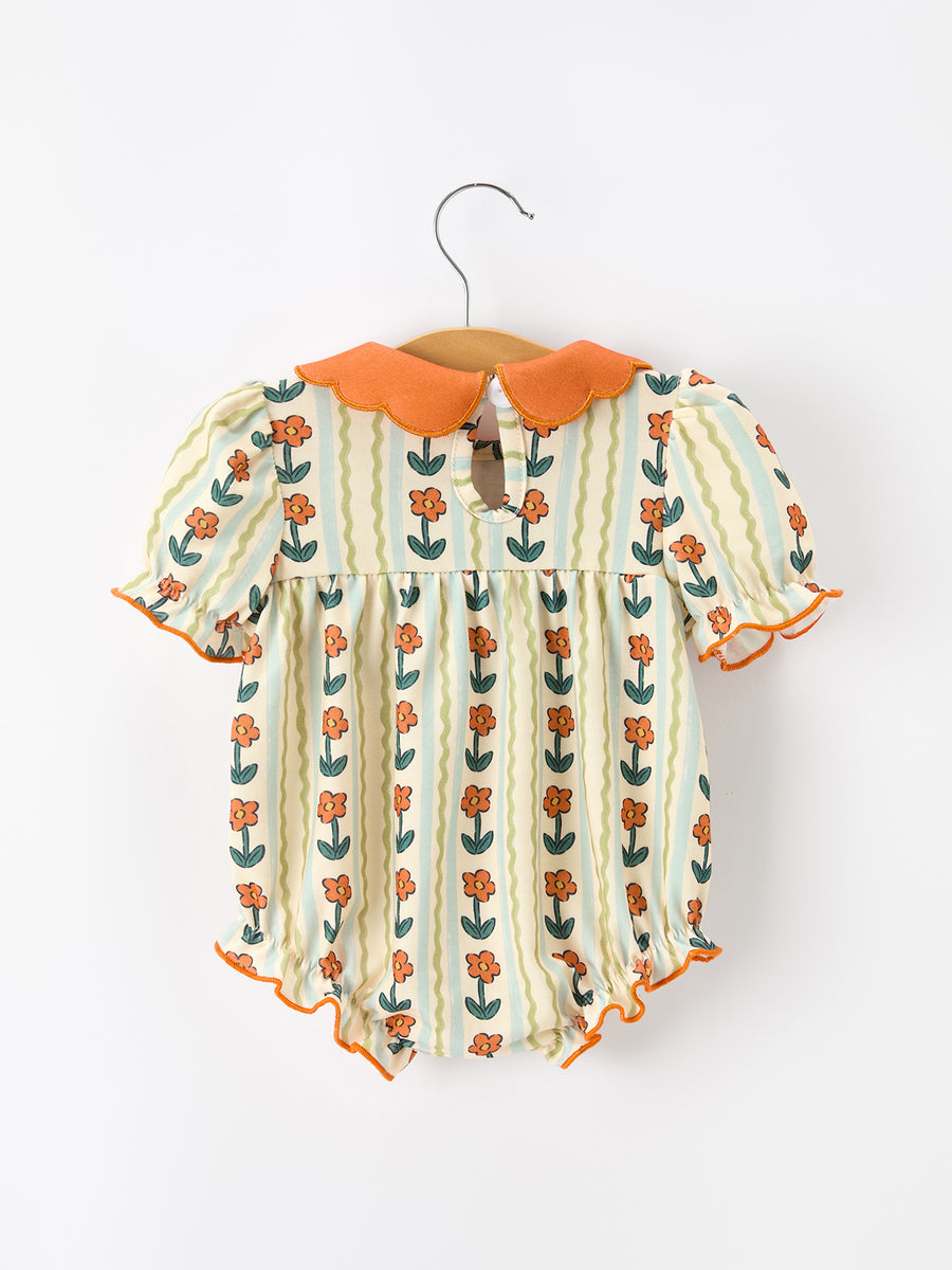 Fall Floral Stripe Baby Romper Petals Collar Smocked Puff Sleeve