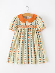Fall Floral Stripe Girls Dress Petals Collar Smocked Puff Sleeve