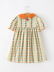 Fall Floral Stripe Girls Dress Petals Collar Smocked Puff Sleeve