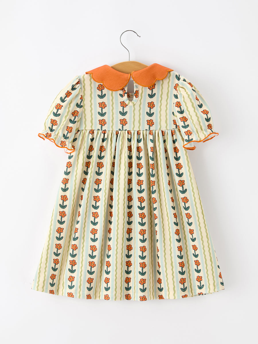 Fall Floral Stripe Girls Dress Petals Collar Smocked Puff Sleeve