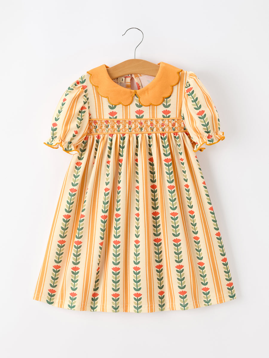 Fall Floral Stripe Girls Dress Petals Collar Smocked