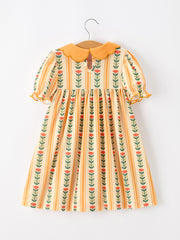 Fall Floral Stripe Girls Dress Petals Collar Smocked