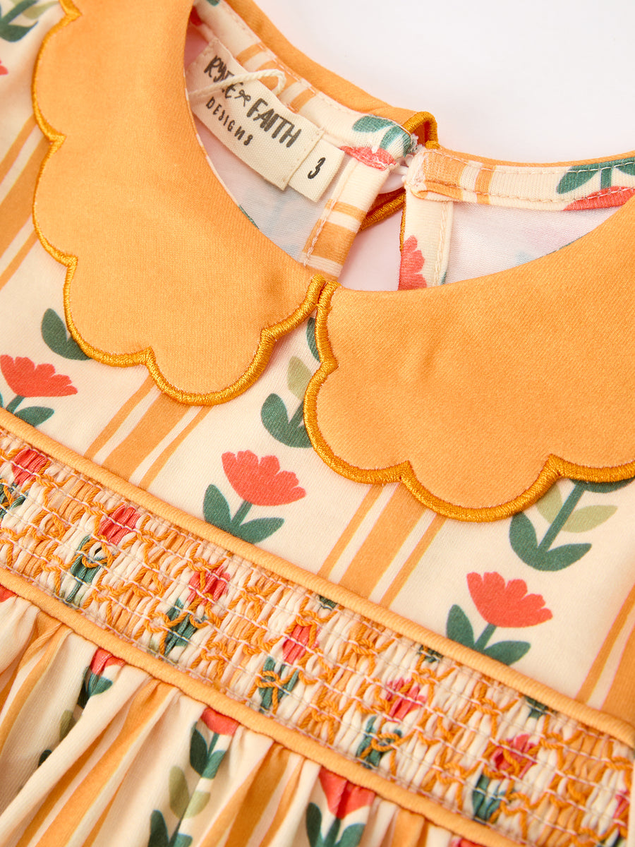 Fall Floral Stripe Girls Dress Petals Collar Smocked