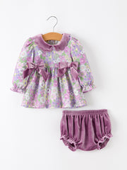 Purple Floral Velvet Baby Girl Outfit Set Ruffle Bow Bloomers