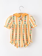 Fall Floral Stripe Baby Girls Romper Petals Collar Smocked