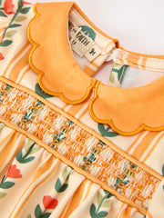 Fall Floral Stripe Baby Girls Romper Petals Collar Smocked