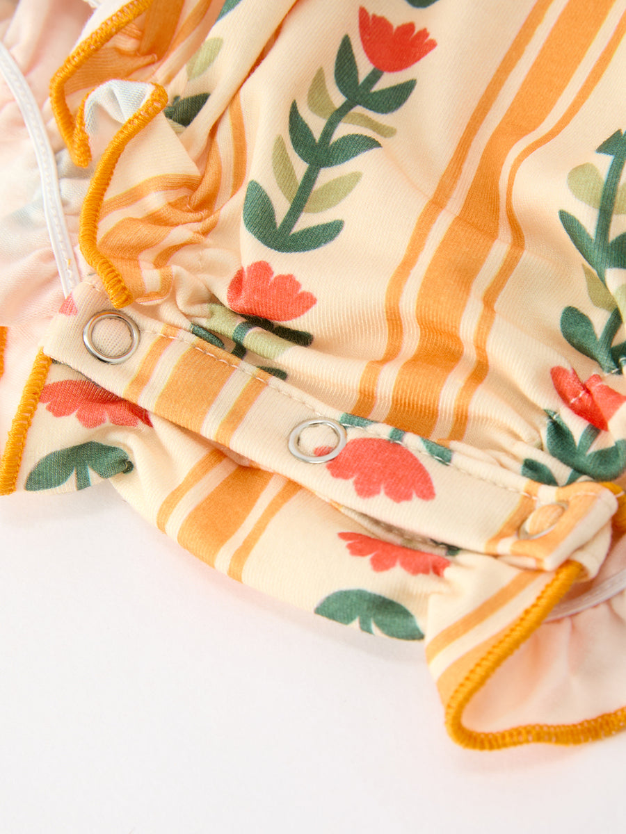 Fall Floral Stripe Baby Girls Romper Petals Collar Smocked