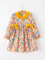 Floral Girls Dress Yellow Velvet Collar Bow Puff Sleeve Dress