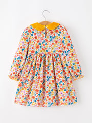 Floral Girls Dress Yellow Velvet Collar Bow Puff Sleeve Dress