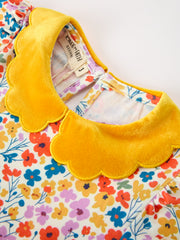 Floral Girls Dress Yellow Velvet Collar Bow Puff Sleeve Dress