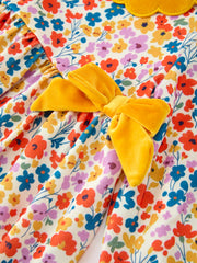 Floral Girls Dress Yellow Velvet Collar Bow Puff Sleeve Dress