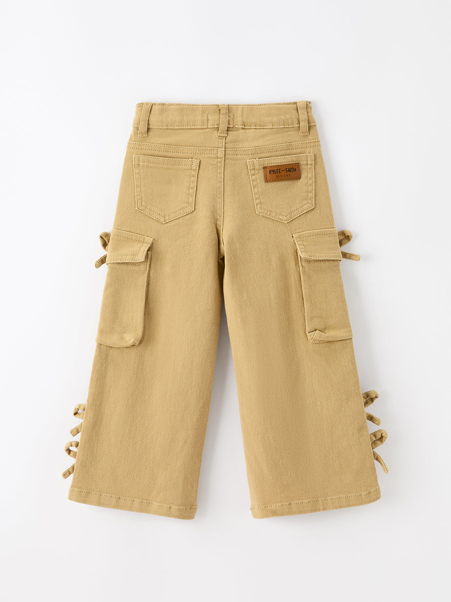 Girls Solid Cargo Leggings Side Bow Pocket Wide Leg Pants