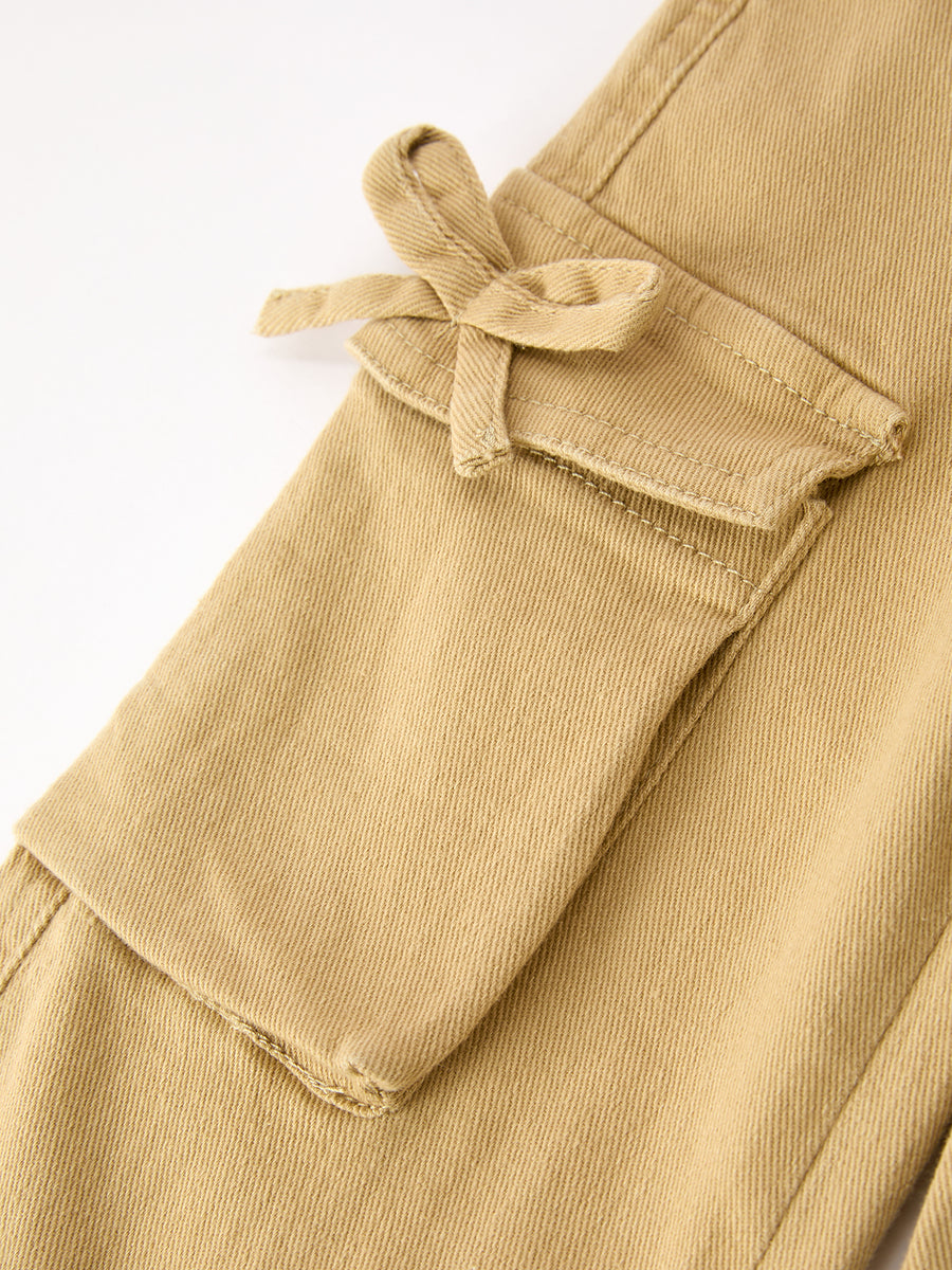 Girls Solid Cargo Leggings Side Bow Pocket Wide Leg Pants