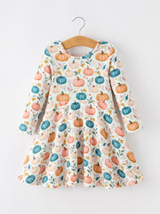 Fall Colorful Pumpkin Girls' Long-Sleeved Dress