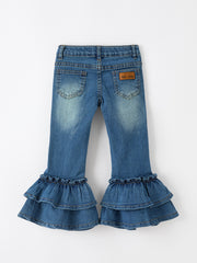 Girls Denim Leggings Ruffle Bell Bottom Pants