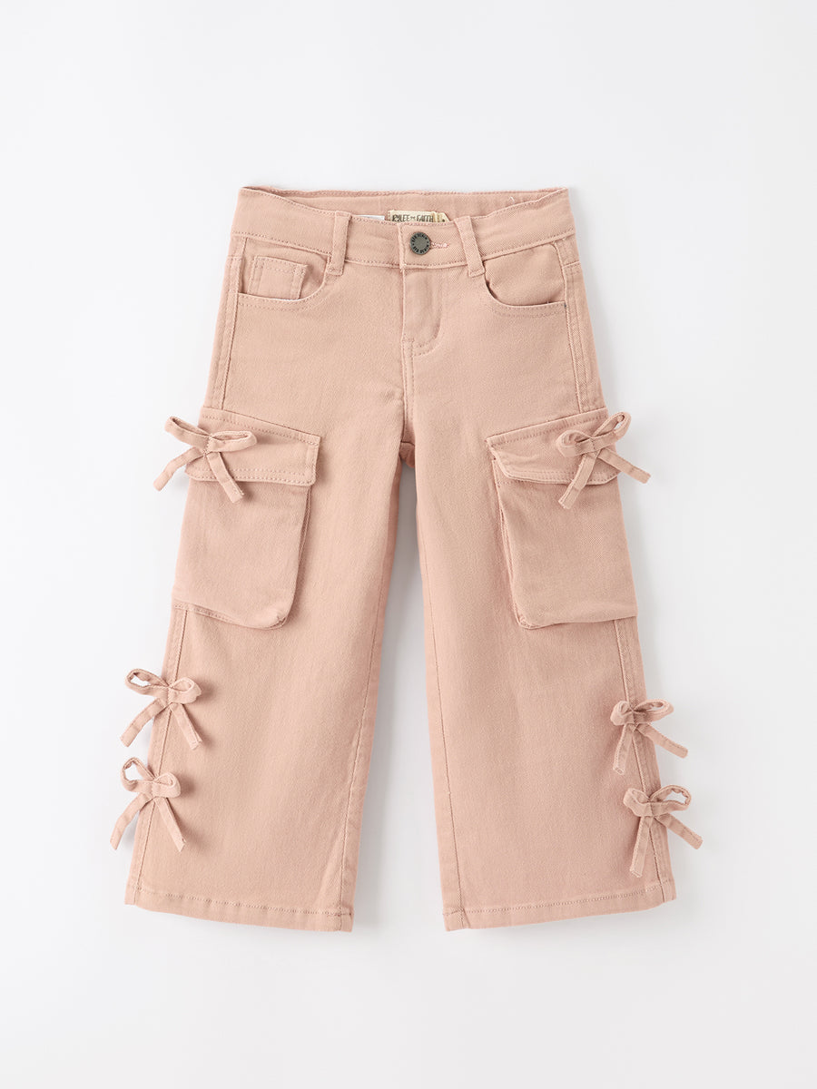Girls Solid Cargo Leggings Side Bow Pocket Wide Leg Pants