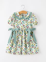 Green Floral Girls Dress Petal Collar Bow Waist Puff Sleeve Dress
