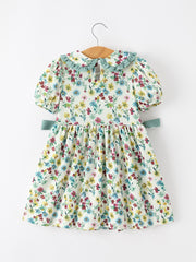 Green Floral Girls Dress Petal Collar Bow Waist Puff Sleeve Dress
