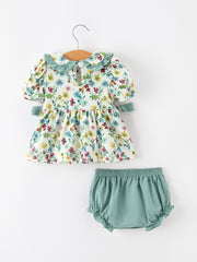 Green Floral Girls Outfit Set Ruffle Collar Bow Baby Bloomer Set