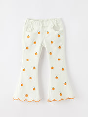 Girls Pumpkin Embroidered Wide-Leg Pants Fall Scallop Hem Casual Pants