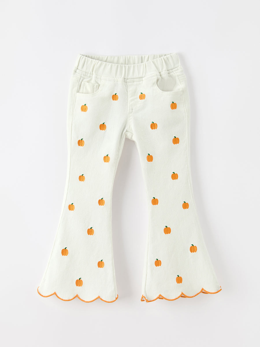 Girls Pumpkin Embroidered Wide-Leg Pants Fall Scallop Hem Casual Pants