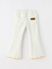 Girls Pumpkin Embroidered Wide-Leg Pants Fall Scallop Hem Casual Pants