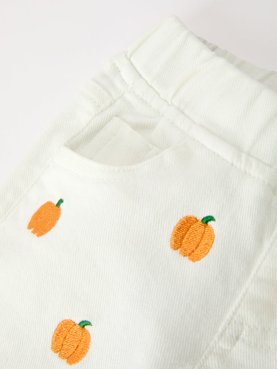 Girls Pumpkin Embroidered Wide-Leg Pants Fall Scallop Hem Casual Pants
