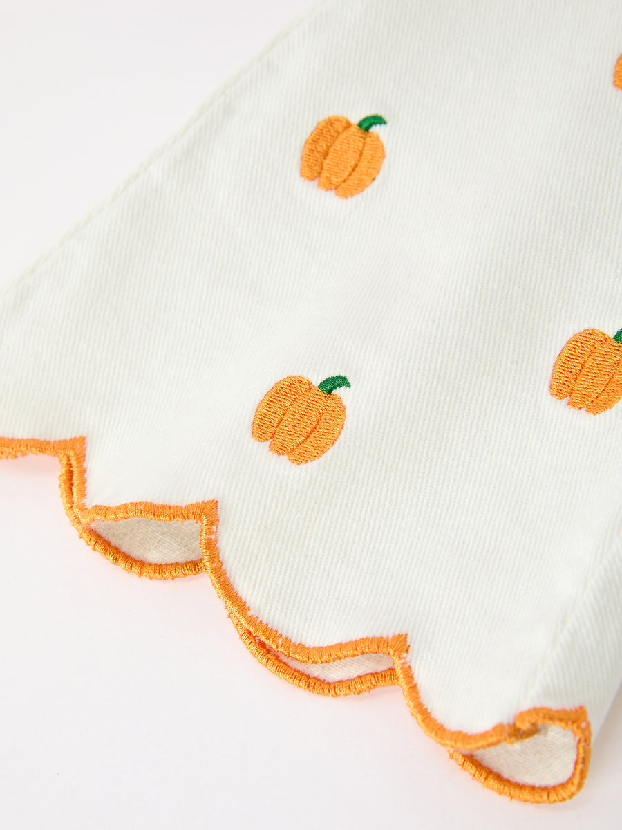 Girls Pumpkin Embroidered Wide-Leg Pants Fall Scallop Hem Casual Pants