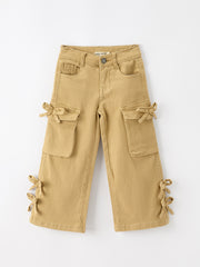 Girls Solid Cargo Leggings Side Bow Pocket Wide Leg Pants