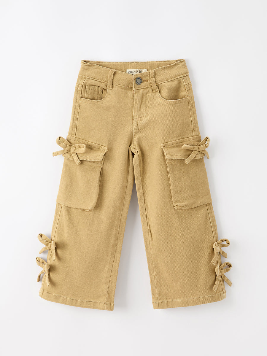 Girls Solid Cargo Leggings Side Bow Pocket Wide Leg Pants