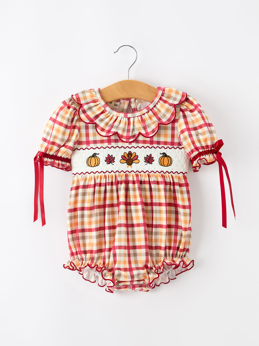 Thanksgiving Turkey Pumpkin Maple Leaf Plaid Baby Girls Romper