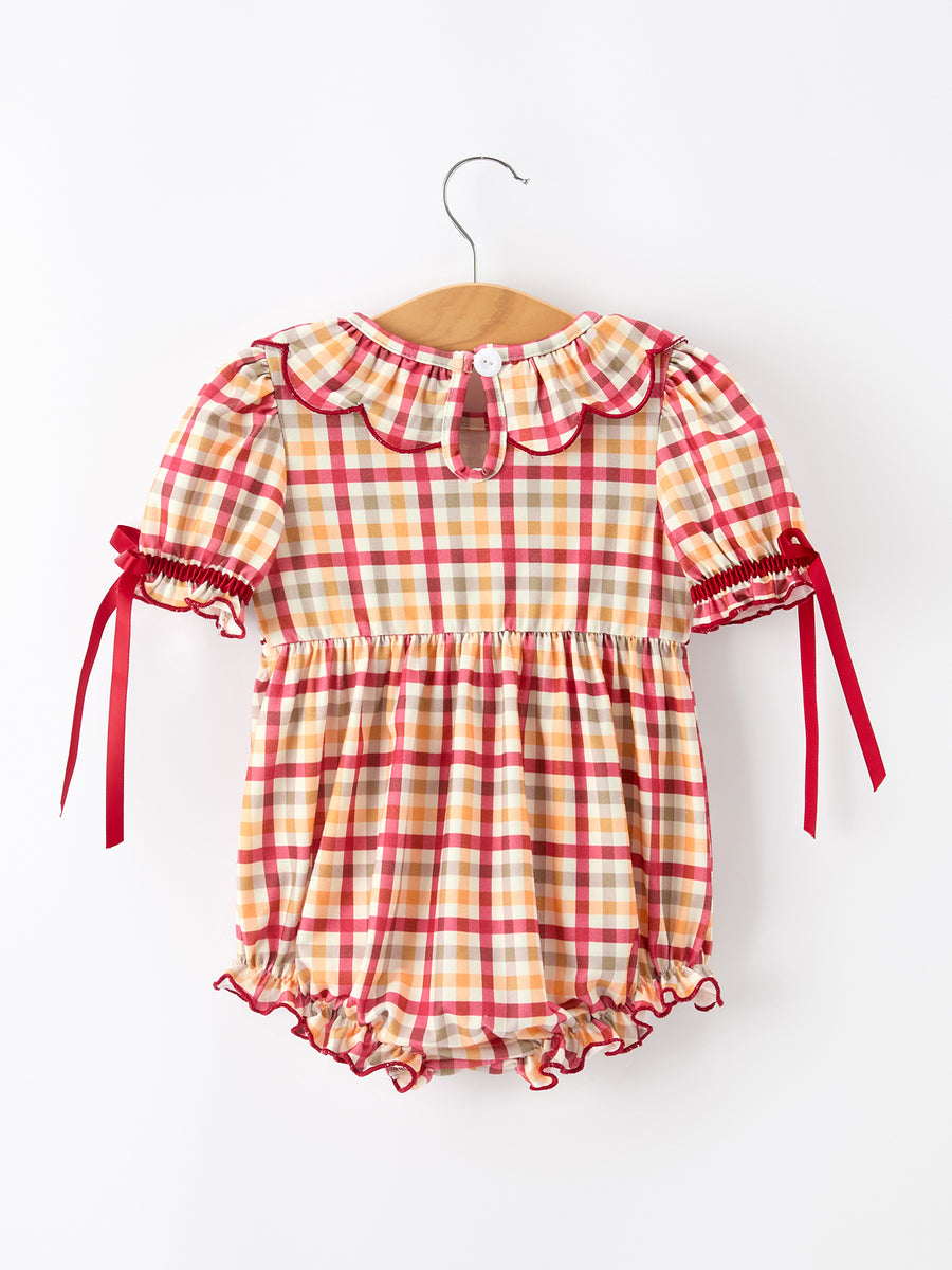 Thanksgiving Turkey Pumpkin Maple Leaf Plaid Baby Girls Romper
