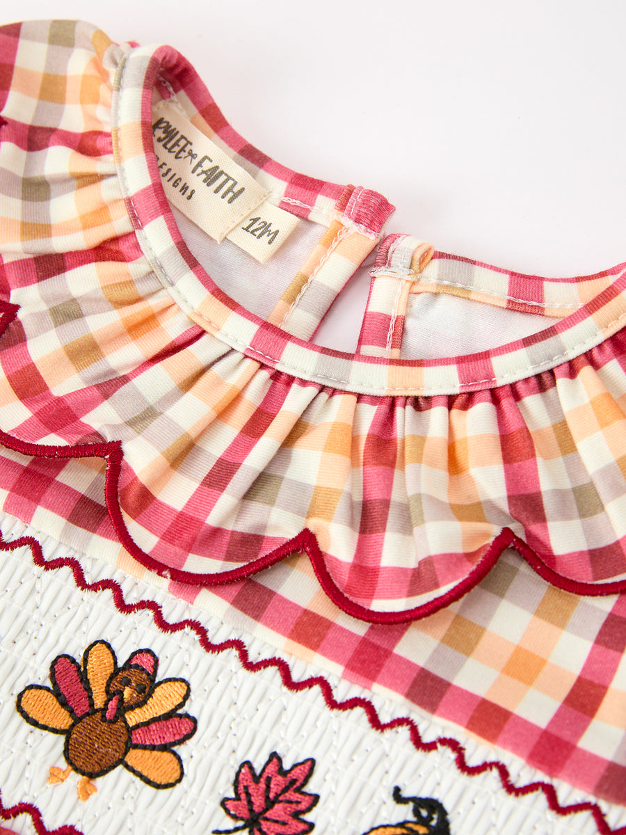 Thanksgiving Turkey Pumpkin Maple Leaf Plaid Baby Girls Romper